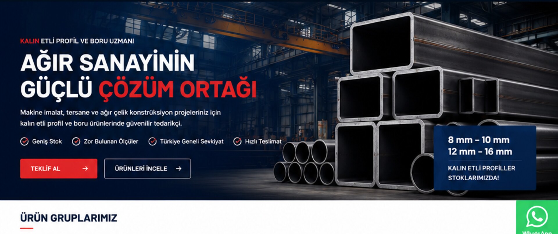 Çelik profil ve boru ürünlerinin bulunduğu endüstriyel tesis